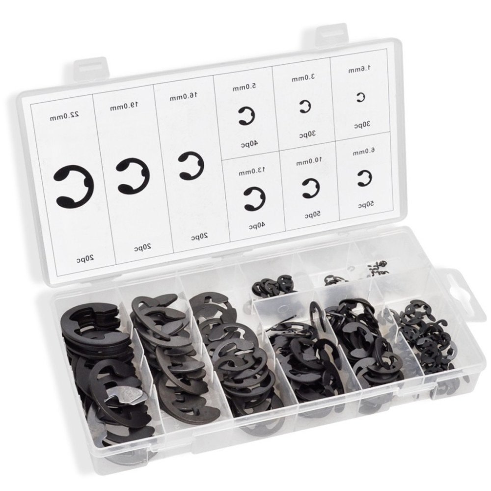 Capacidade de 300 peças métricas E-Clip 1.5 – 22 mm em caixa de organização Capacidade de 300 peças métricas E-Clip 1.5 – 22 mm em caixa de organização