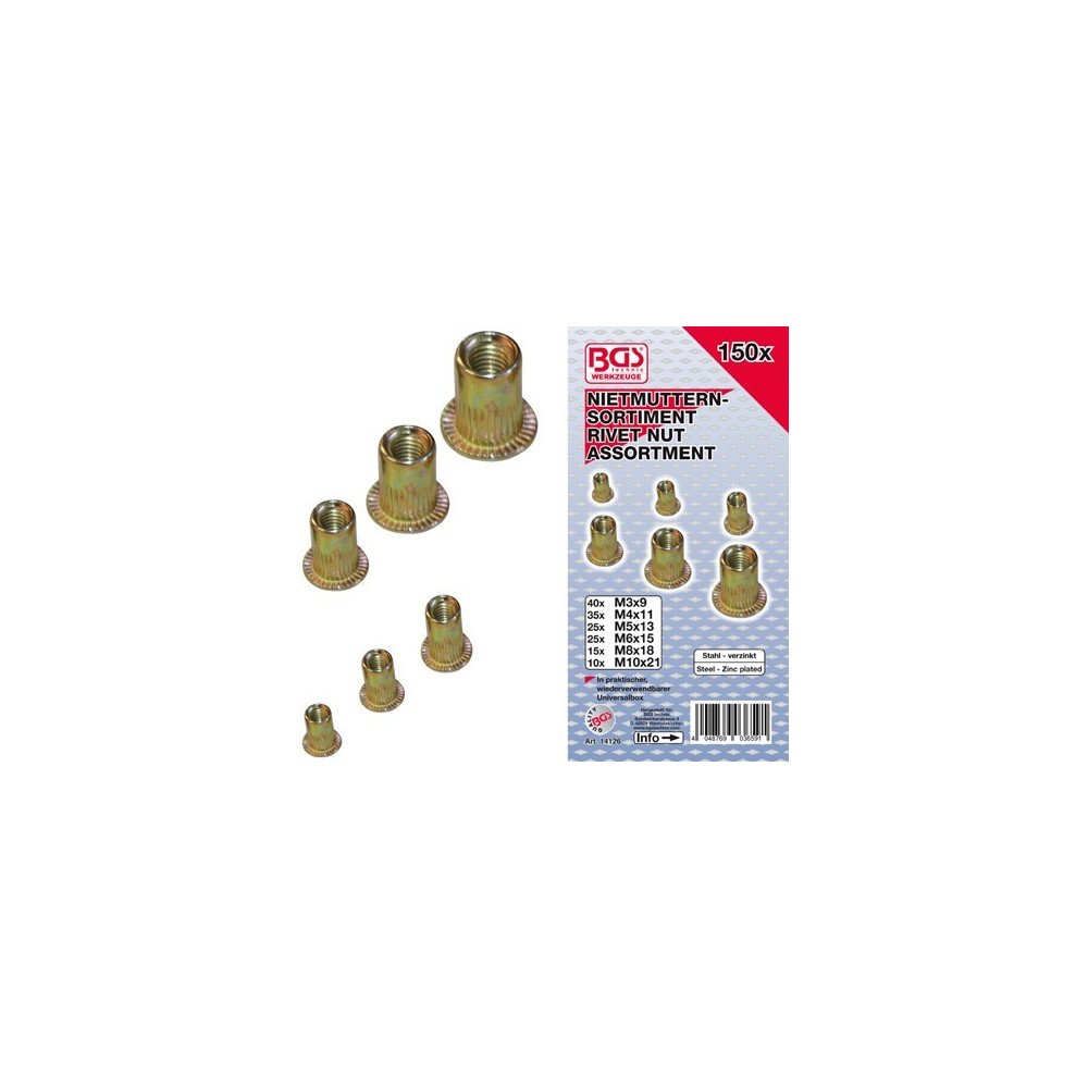 Sortimento 150 PCs. Nozes de aço rackable