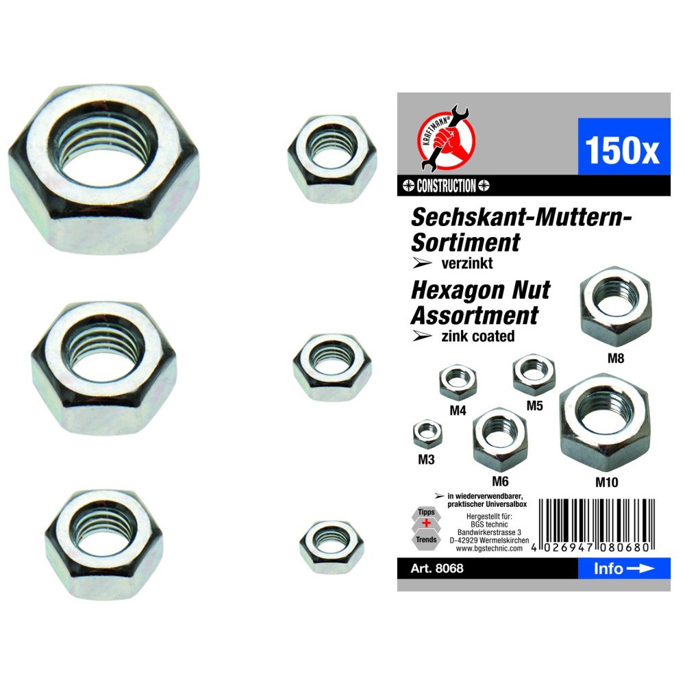 Sortimento 150 porcas hexagonais zinco DIN 934 Sortimento 150 porcas hexagonais zinco DIN 934