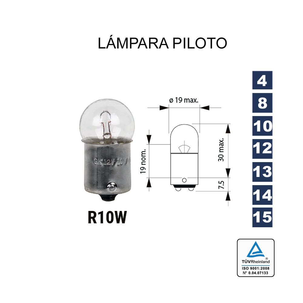 Lâmpada piloto R10W 12V 10W (BA15s scc)