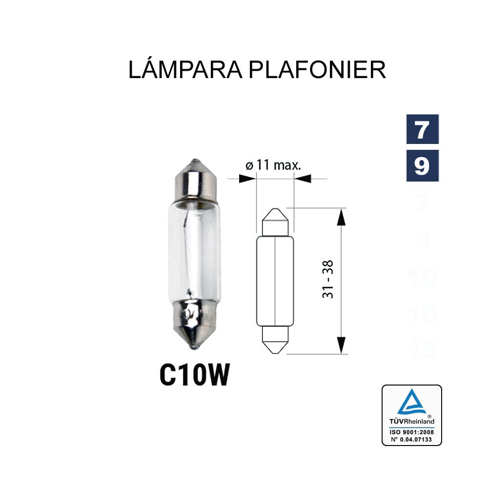 Plafonier de lâmpada C10W 12V 10W o11x38 mm