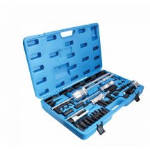 Kit extractor de inyectores con martillos de inercia y adaptadores en maletín.