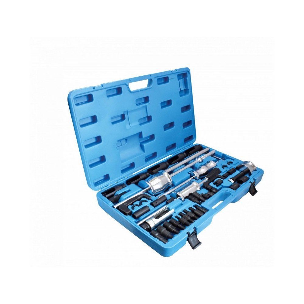 Kit extractor de inyectores con martillos de inercia y adaptadores en maletín.