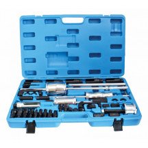 Kit extractor de inyectores con martillos de inercia y adaptadores en maletín.