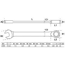 Llave combinada de carraca con cabeza articulada a 90°- 9mm.