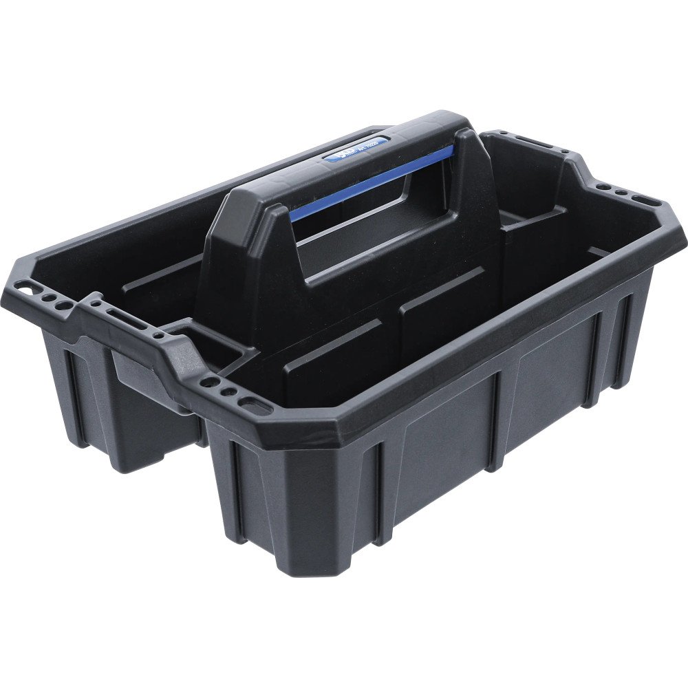 Caja portaherramientas abierta de pástico con asa y compartimentos