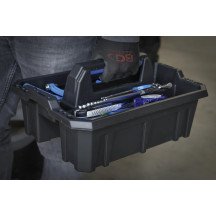Caja portaherramientas abierta de pástico con asa y compartimentos